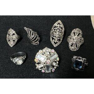 Vintage Costume Jewelry Ring Lot Victorian Edwardian Revival Style Silver Tone